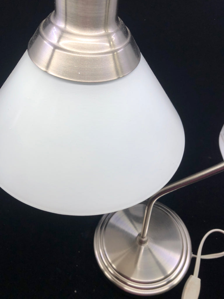 SILVER BASE LAMP W WHITE GLASS SHADE.