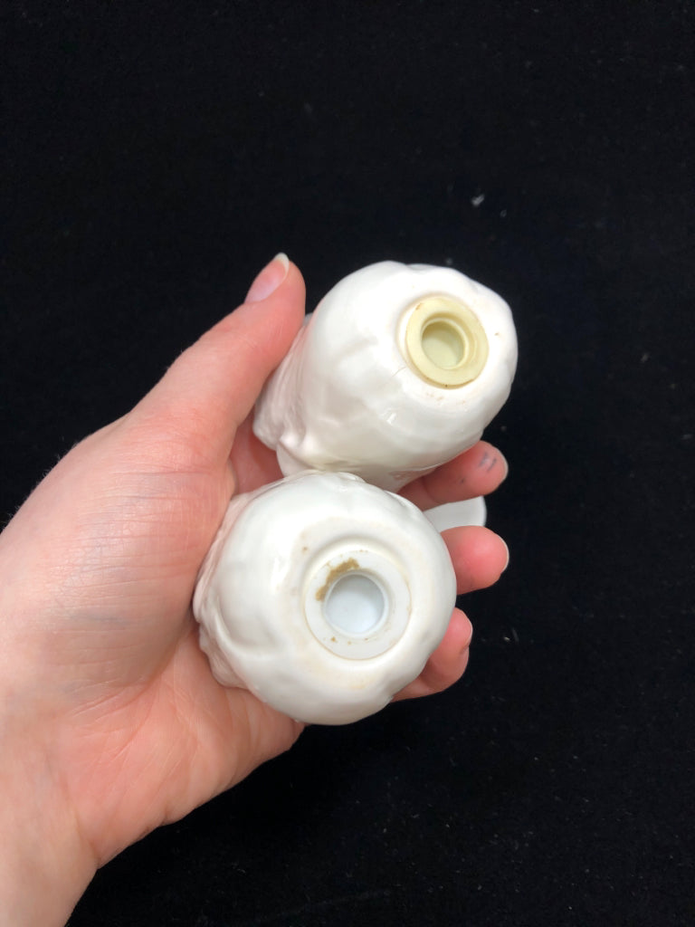 3PC CABBAGE SALT AND PEPPER SET ON TRAY.