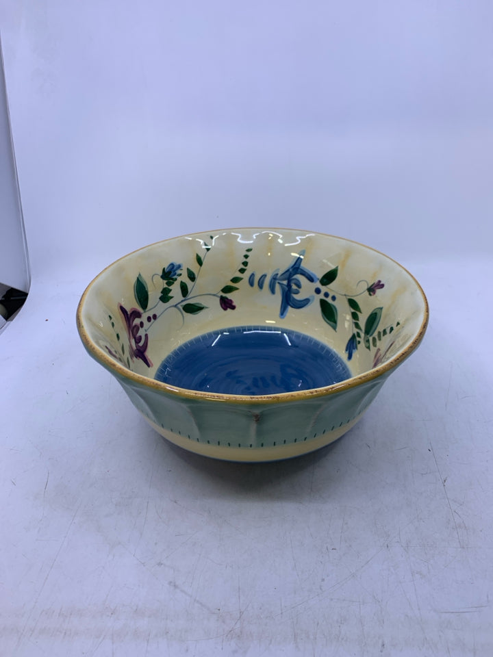 YELLOW BLUE CERAMIC BOWL W/ FLOWERS.