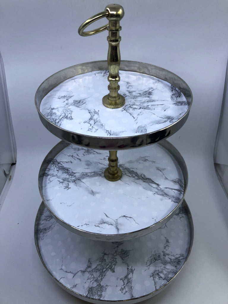 3 TIER METAL SERVER- SILVER W/ MARBLE DECOR LINING.