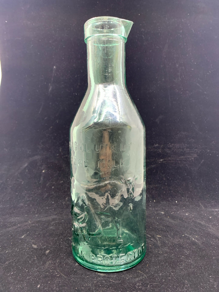 VTG GREEN GLASS MILK BOTTLE.