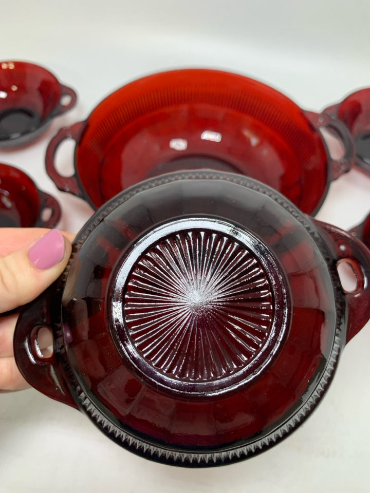 6 PC VTG RUBY RED BERRY BOWLS W/ HANDLES .