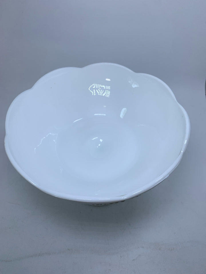 VTG MILK GLASS PEDESTAL BOWL W/ EMBOSSED GRAPE PATTERN.