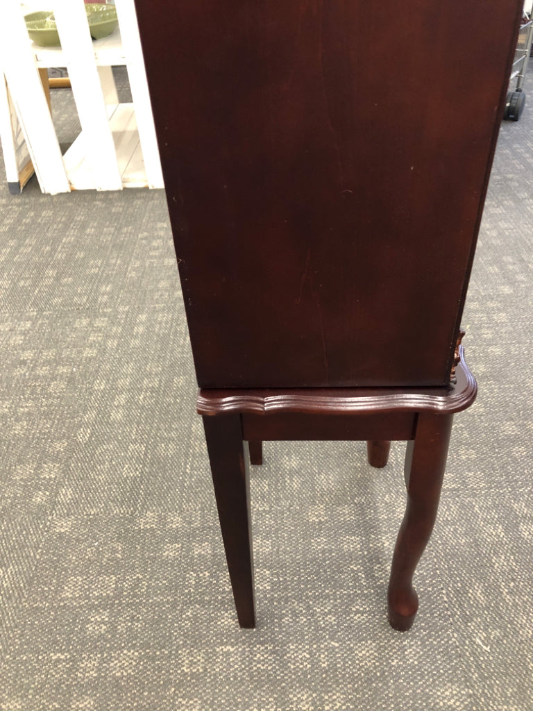 CHERRY WOOD JEWELRY ARMOIRE W/FLIP TOP 4 DRAWERS.