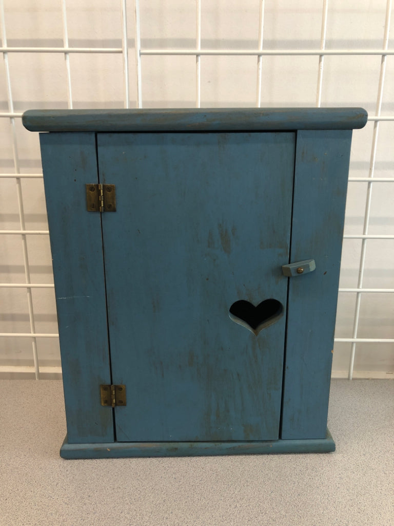BLUE PAINTED MINI WOODEN HEART CABINET.