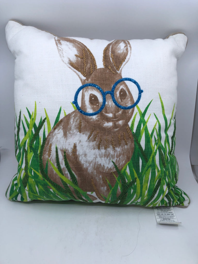 BUNNY W BLUE GLASSES SQUARE PILLOW.