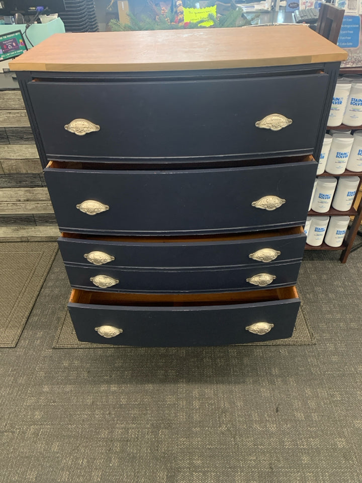 DARK BLUE DRESSER W/WOOD TOP 4 DRAWERS.