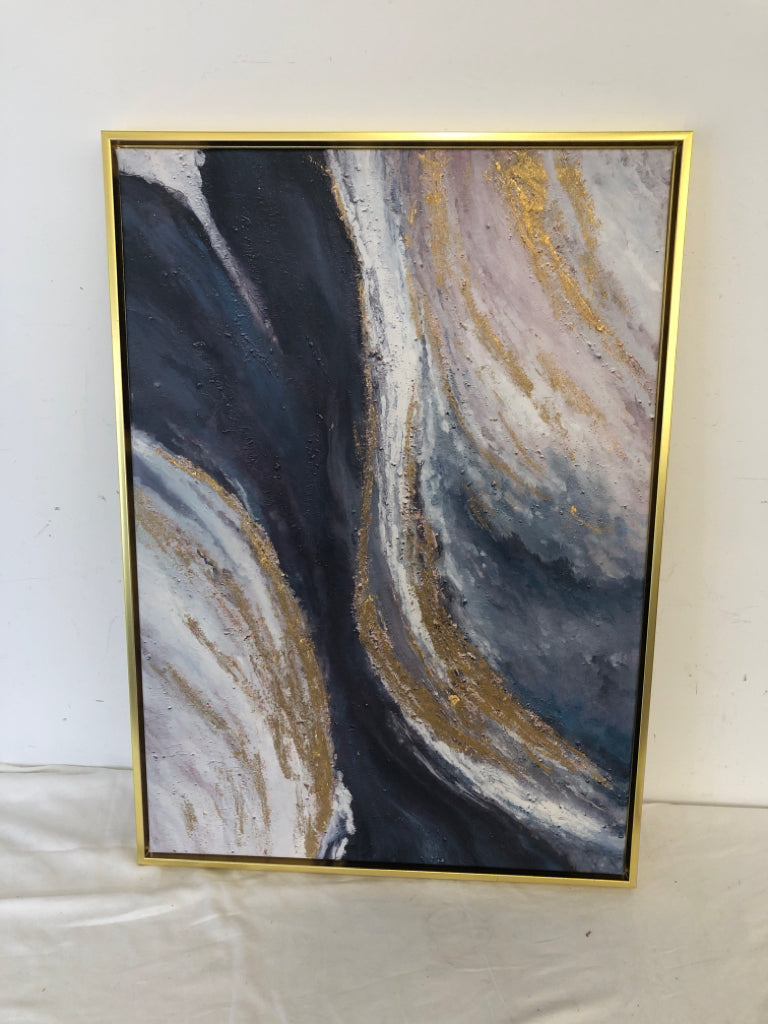 DARK BLUE, WHITE + TEXTURED GOLD ABSTRACT CANVAS IN GOLD FRAME.