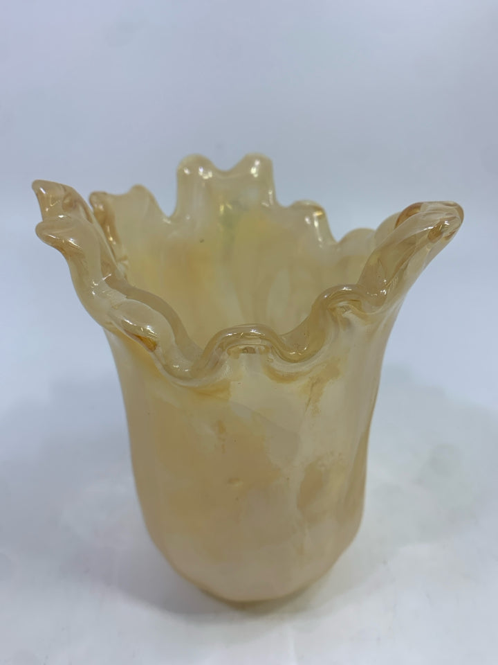 AMBER BLOWN GLASS VASE W/HANDKERCHIEF EDGE.
