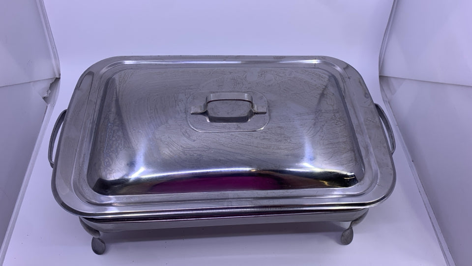 SILVER METAL RECTANGLE CHAFING DISH W GLASS INSERT AND LID.