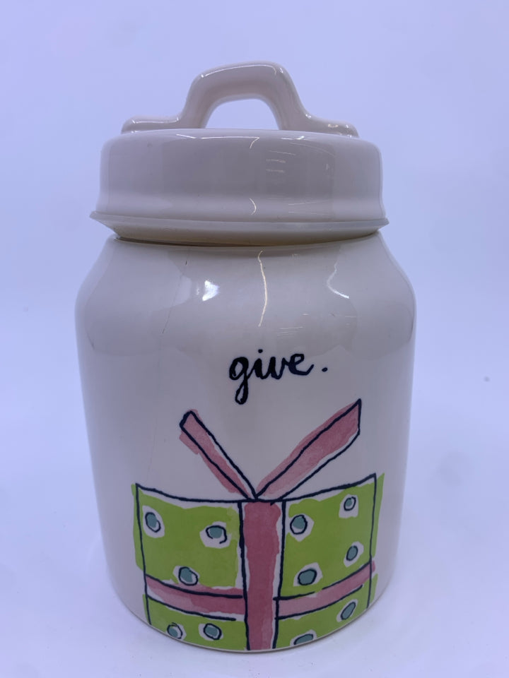 RAE DUNN GIVE WRAPPED PRESENT CANISTER.