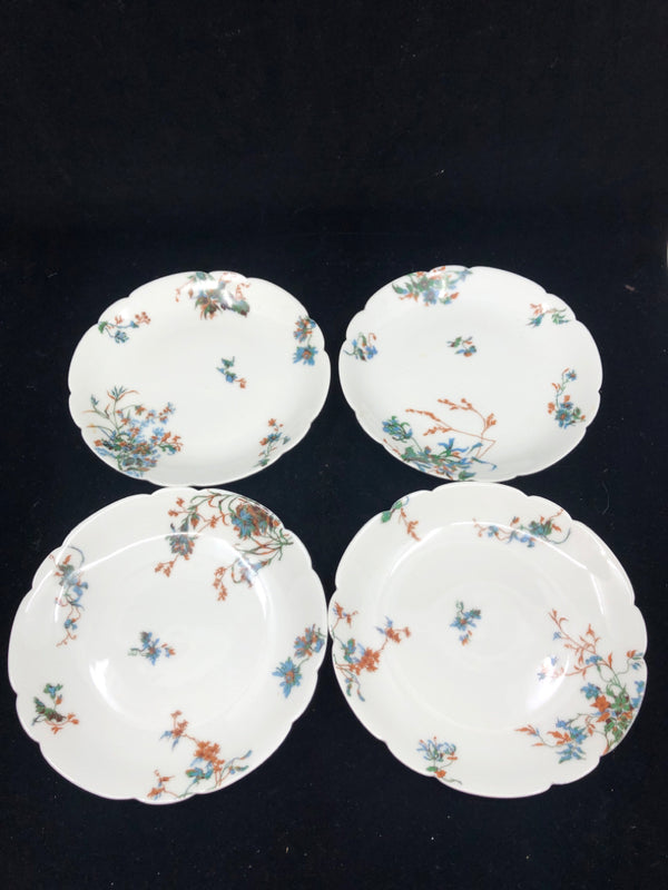 4 VTG ORANGE AND BLUE FLORAL LUNCH PLATES.