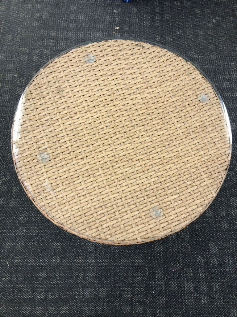 WICKER TOP GLASS END TABLE.