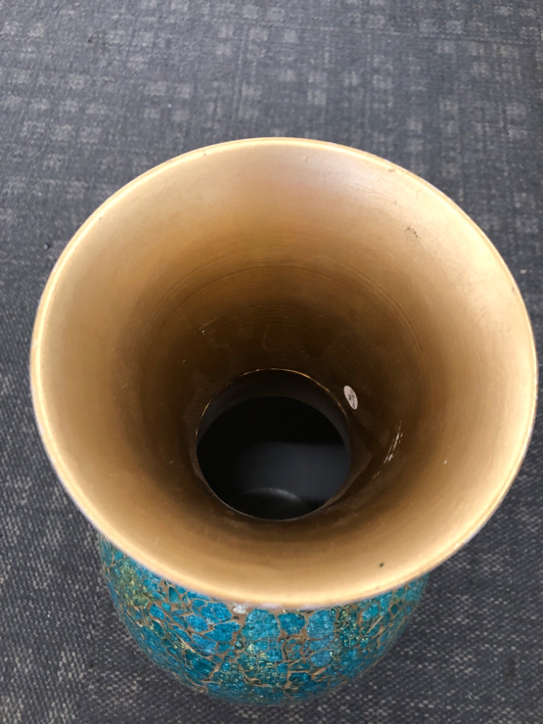 TEAL/GOLD MOSAIC TILE LARGE VASE.
