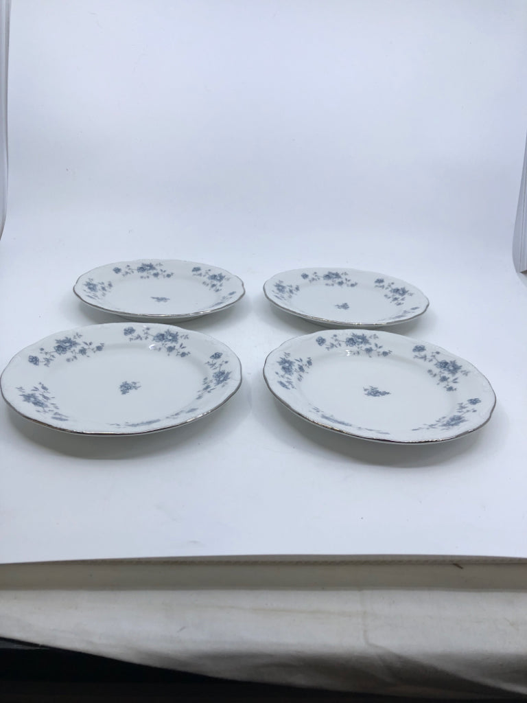 4 VTG SMALL BLUE FLORAL APPETIZER BREAD PLATES.