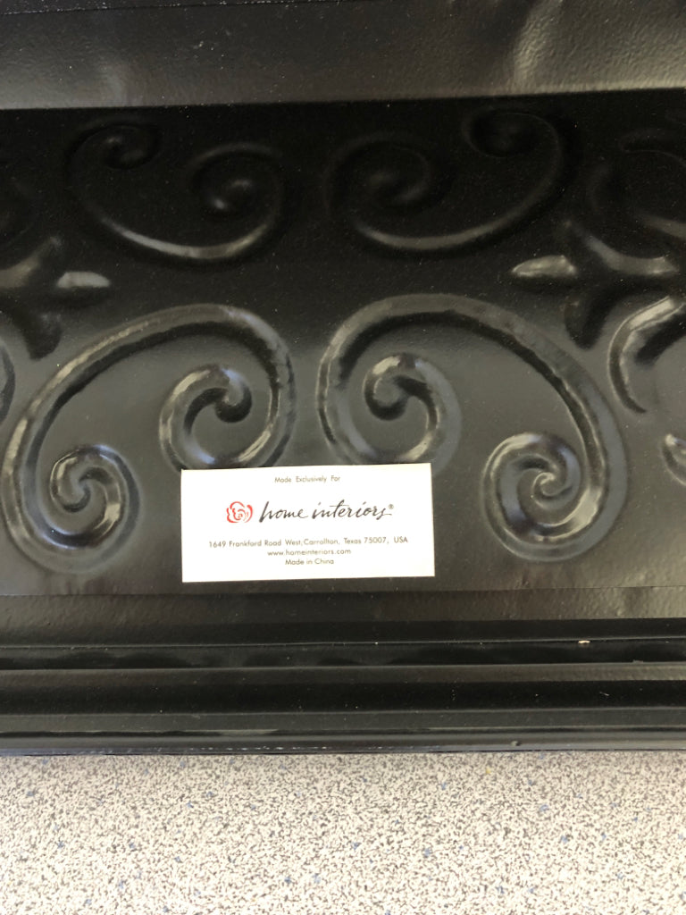 BLACK METAL SCROLL WALL SHELF W/ EMBOSSED DETAIL.