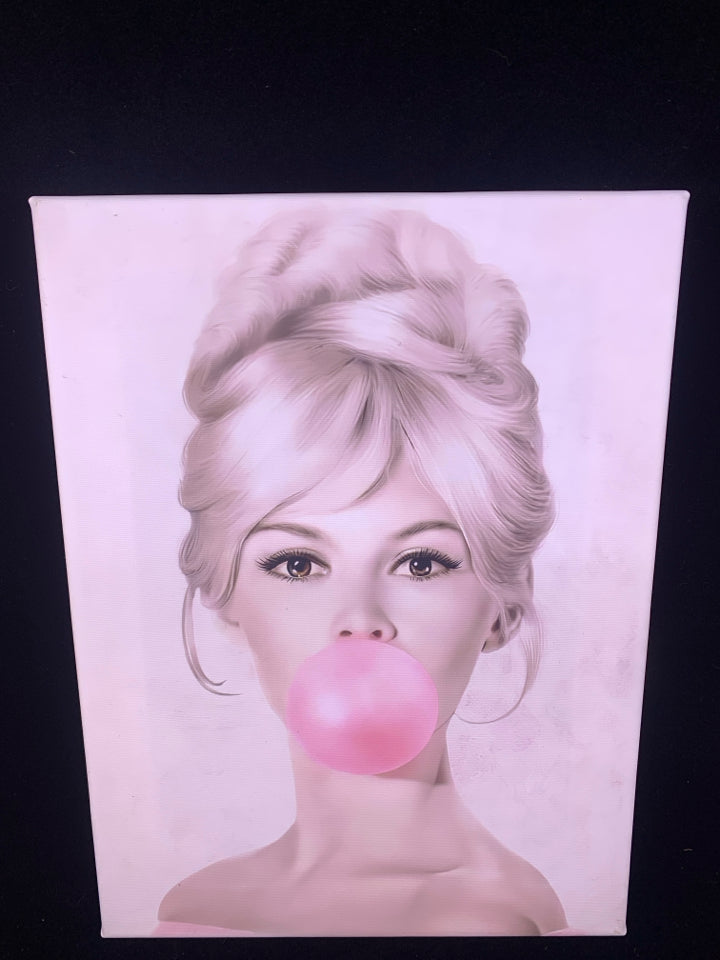 BLONDE GIRL BLOWING BUBBLE GUM CANVAS WALL ART.