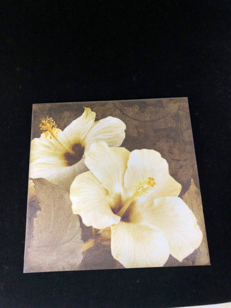 BROWN CANVAS WITH WHITE FLORAL WALL ART.