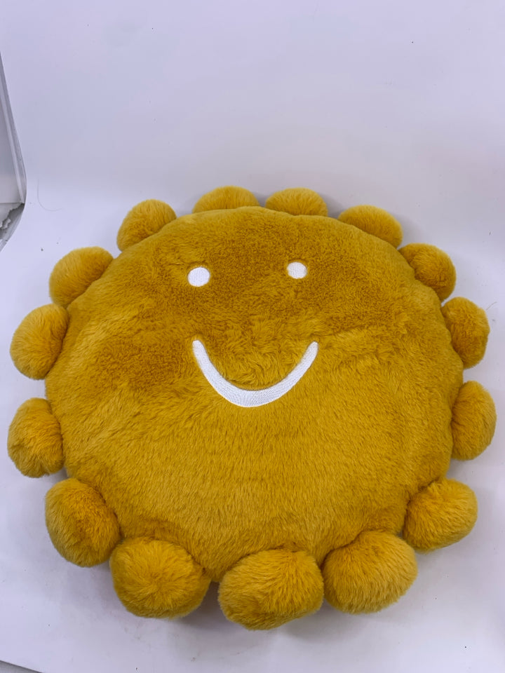 YELLOW FUZZY HAPPY SUN PILLOW.