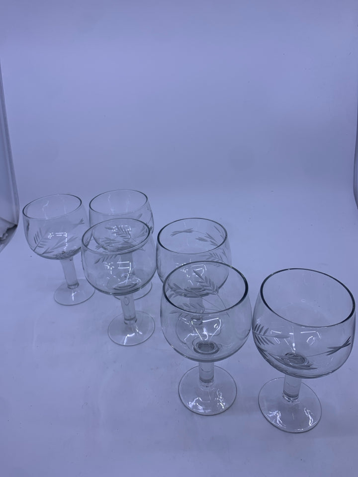 6 VTG  ETCHED WHEAT WINE GLASSES.