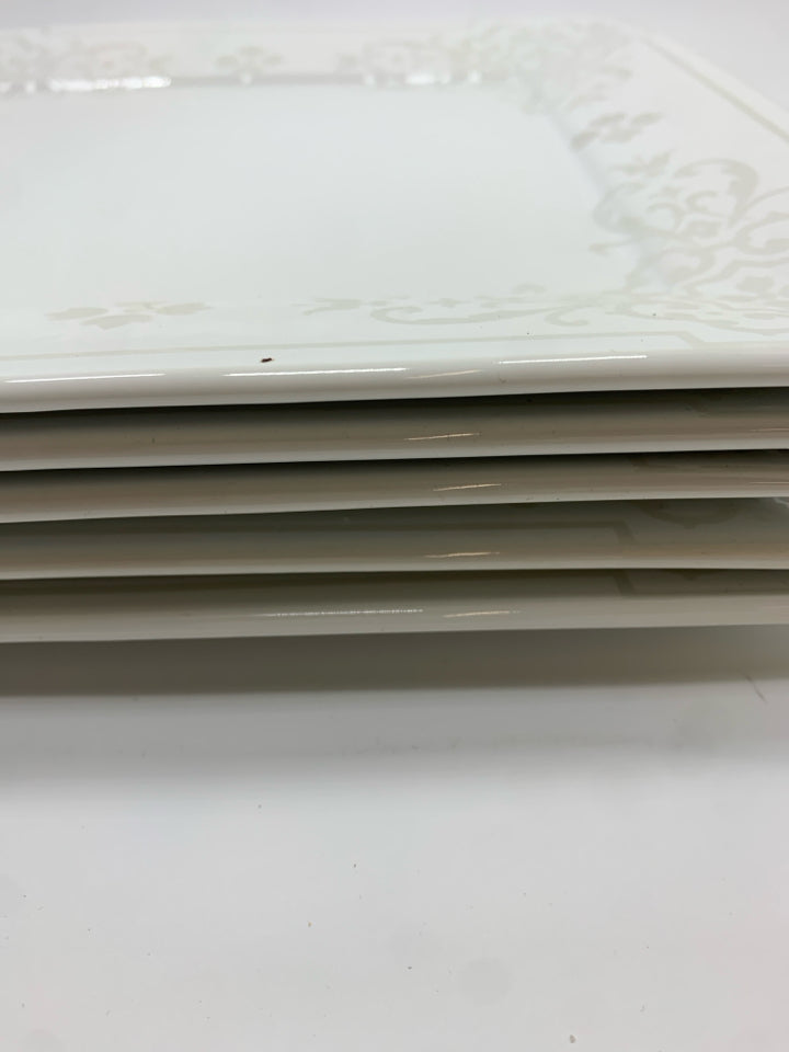 5 BELLA LUX SQUARE DINNER PLATES W/SILVER DAMASK BORDER.