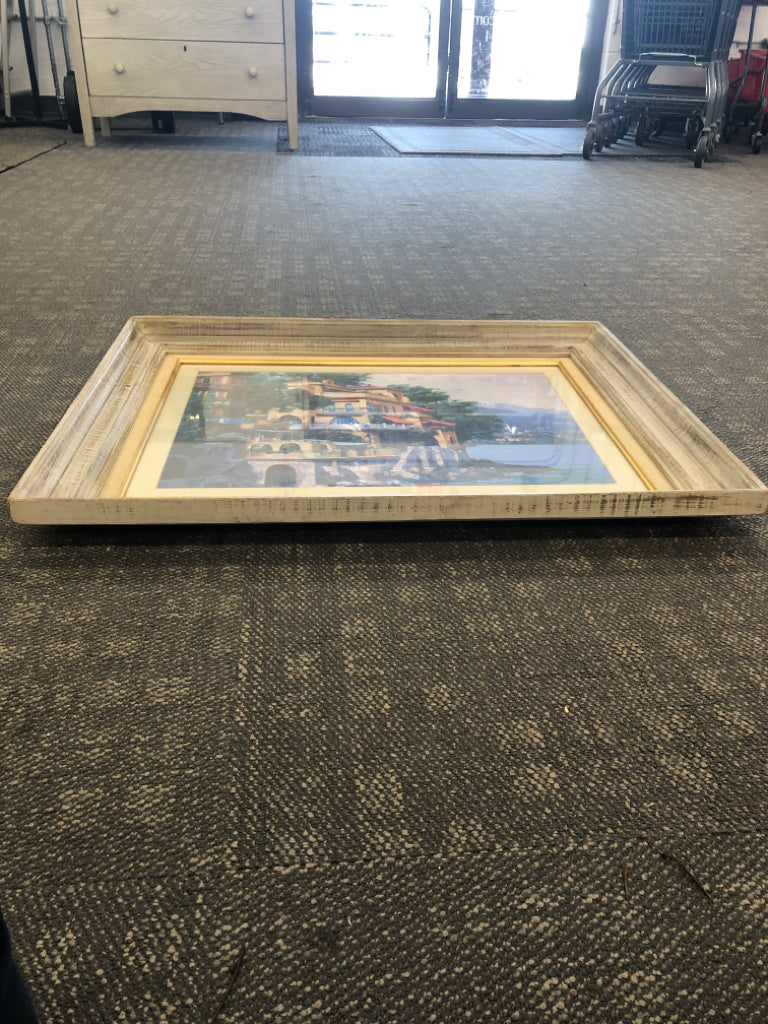 PAINTED HOUSE ON WATER, DISTRESSED WOOD FRAME.