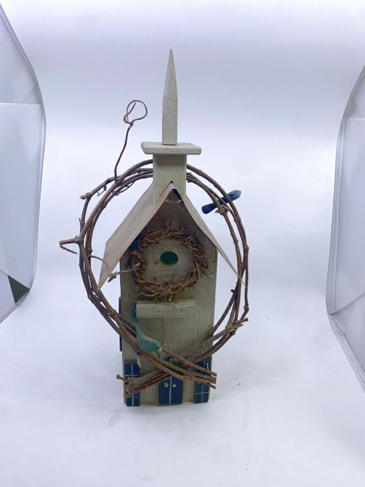 RUSTIC WOOD STEEPLE W/TWIGS & BLUE BIRDS.