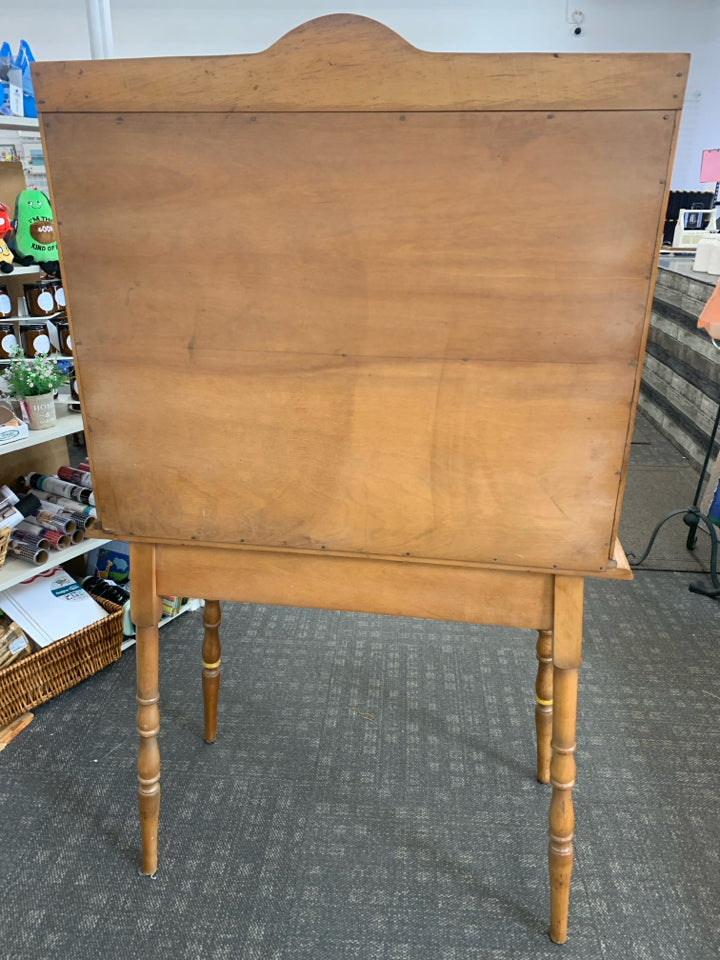 VTG WOOD HUTCH TABLE/ DESK- 3 SHELVES PAINTED LEAVES DETAIL.