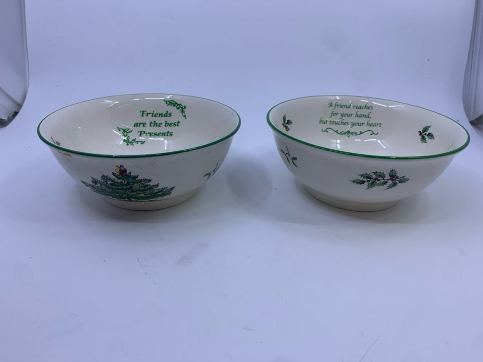 2 SPODE CHRISTMAS TREE "FRIEND" GREEN EDGE BOWLS.