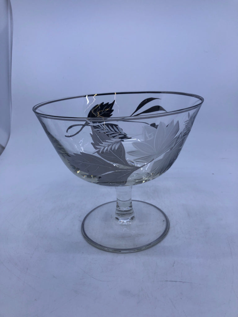 VTG FROSTED LEAF PATTERN FOOTED DISH W SILVER ACCENTS.