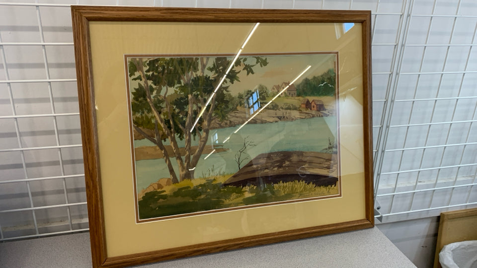 RIVER SCENE WATERCOLOR IN BROWN FRAME.