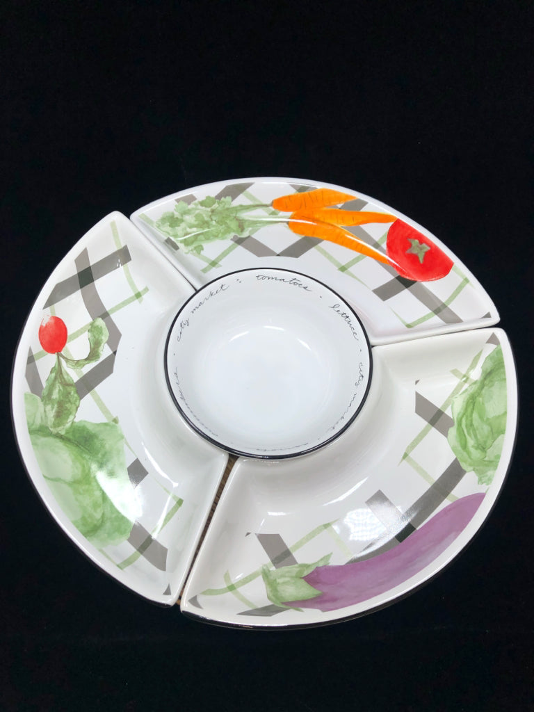 5PC VEGETABLE DIVIDED RELISH AND DIP SET W/BASKET TRAY.