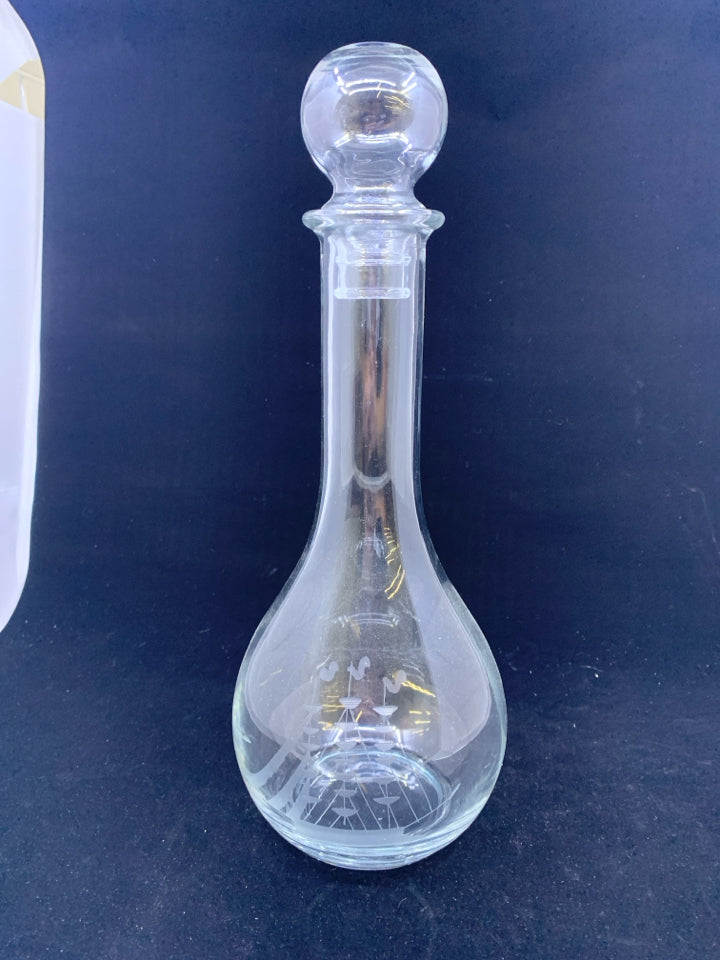 CLEAR GLASS DECANTER W/ETCHED SAILBOAT.