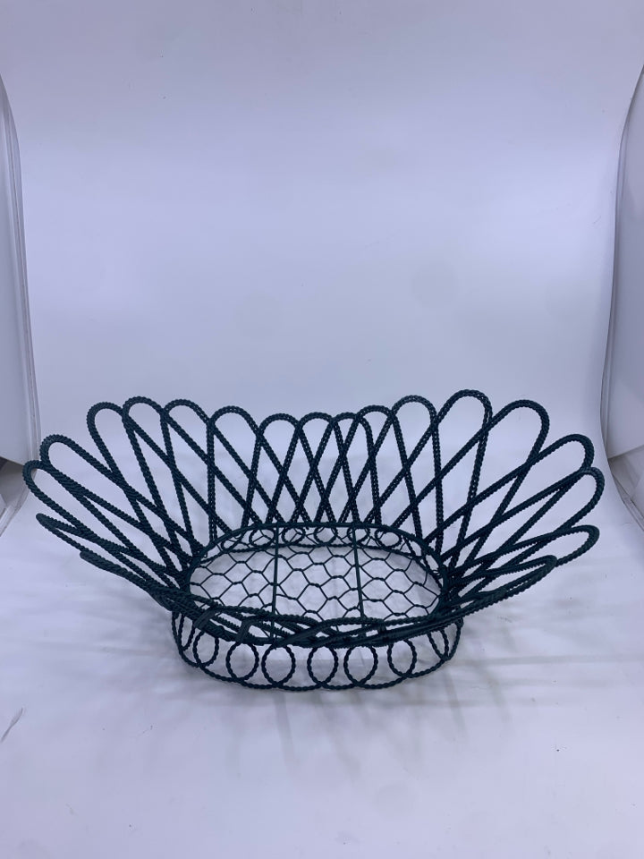 DARK GREEN WIRE BASKET FLARED TOP.