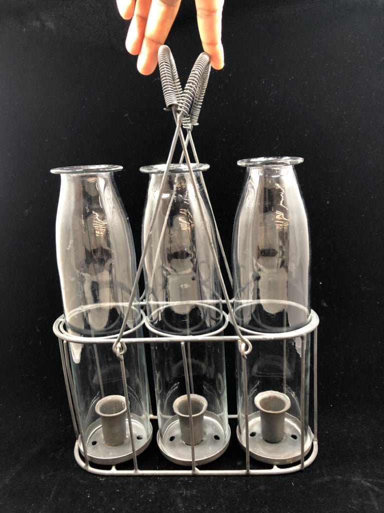 MILK BOTTLE STYLE CANDLE HOLDERS W/METAL BASE.