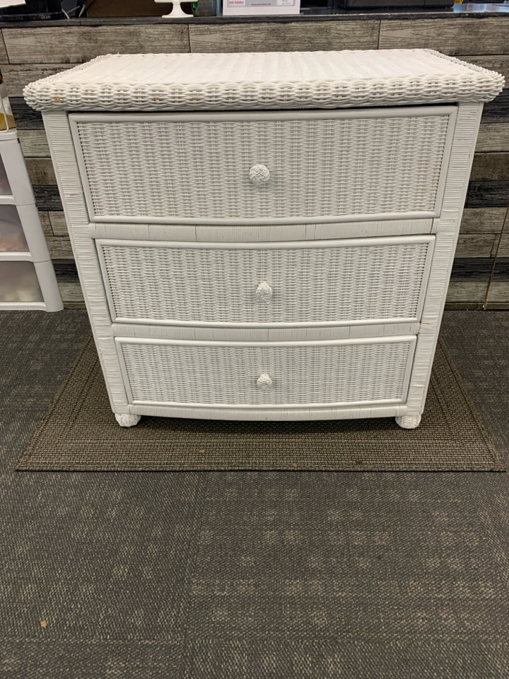 WHITE WICKER 3 DRAWER DRESSER.