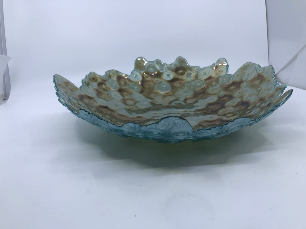 TEAL/GOLD WAVY EDGE BOWL W SWIRL PATTERN.