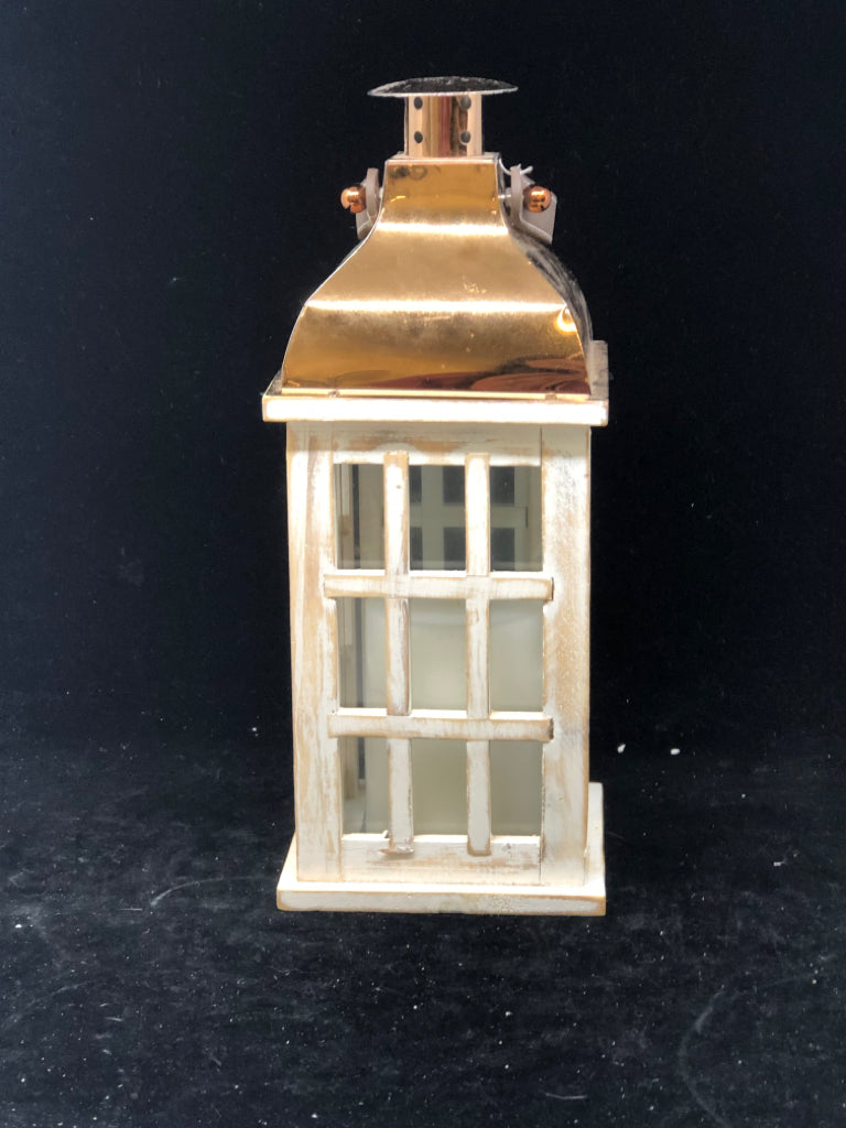 WHITE DISTRESSED LANTERN W/ COPPER ROOF LEATHER HANDLE.