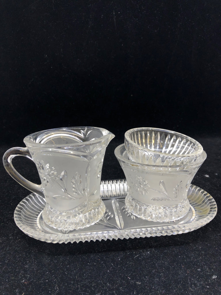 3PC FLOWER ETCHED GLASS SUGAR/CREAMER SET.