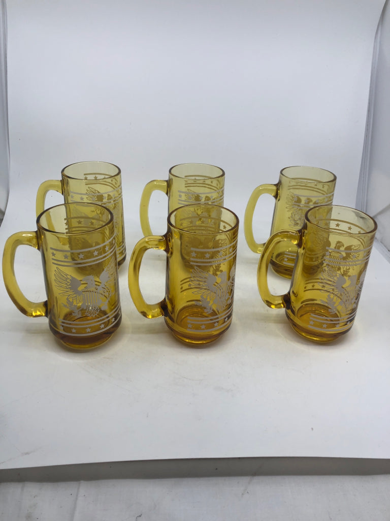6 AMBER GLASS BEER MUG W/ WHITE PRINTED EAGLE.