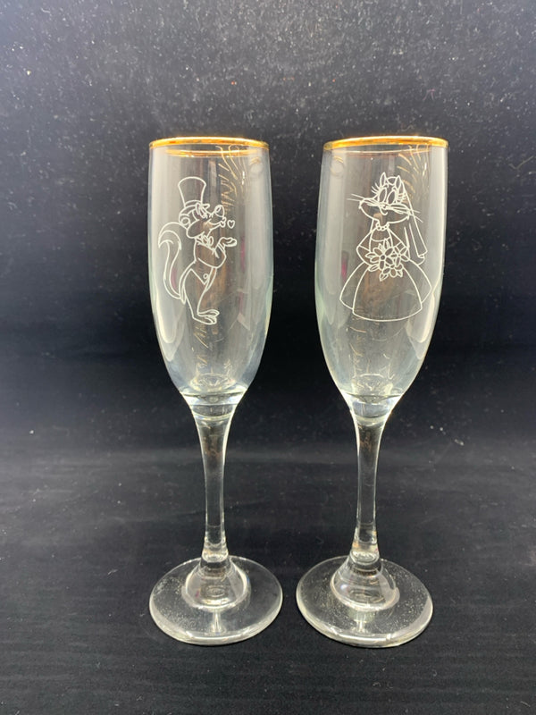 2 ETCHED WEDDING CHAMPAGNE GLASSES W GOLD RIMS.