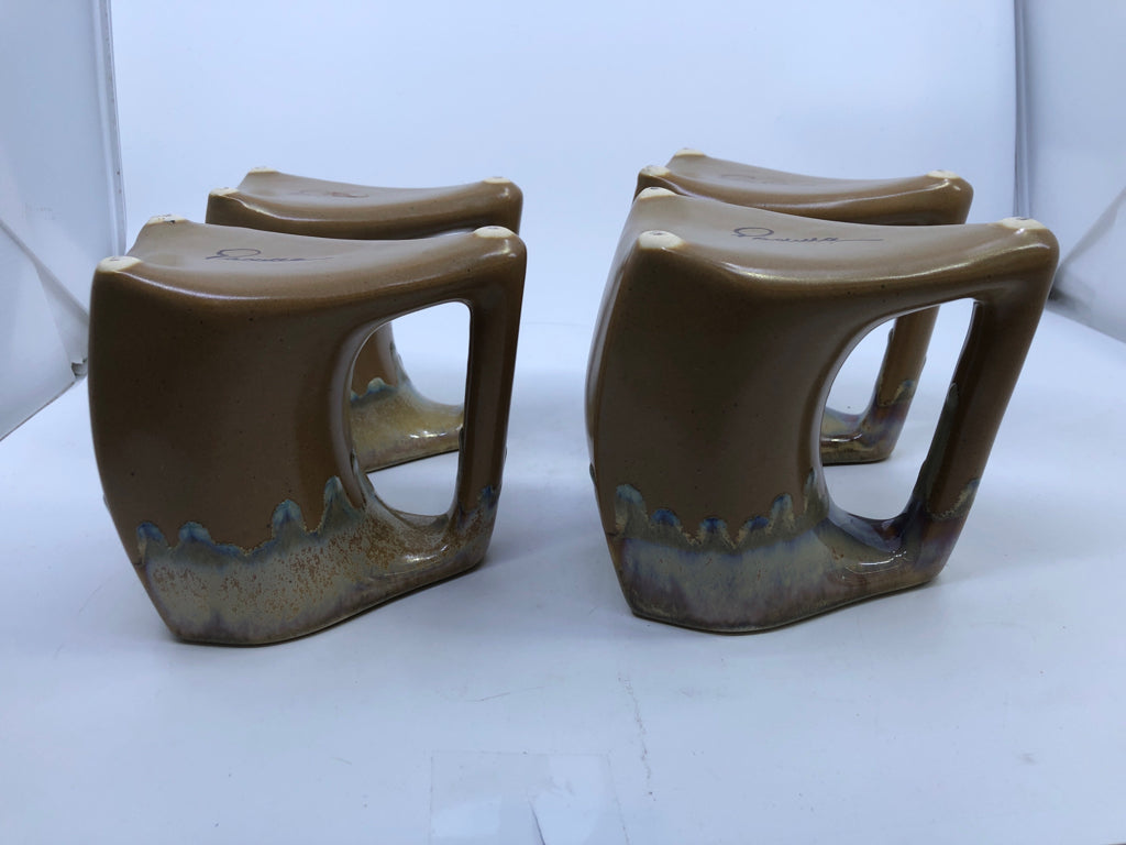 4 LARGE TAN DRIP POTTERY MUGS.