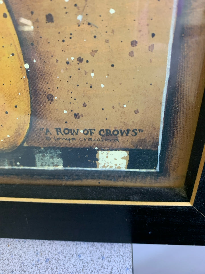 PRIMITIVE CROCKS W/ CROWS BLACK FRAME WALL ART.