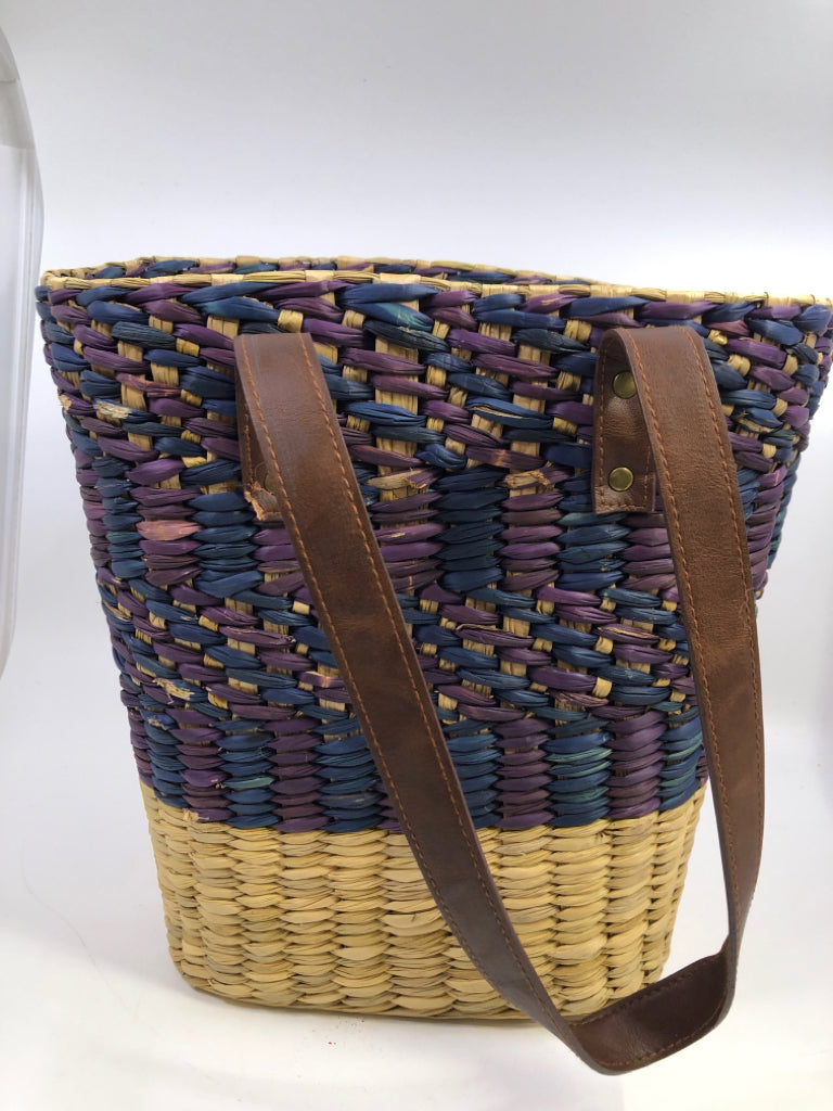 WOVEN STRAW TOTE W/PURPLE & BLUE & HANDLES NATURAL LIFE.