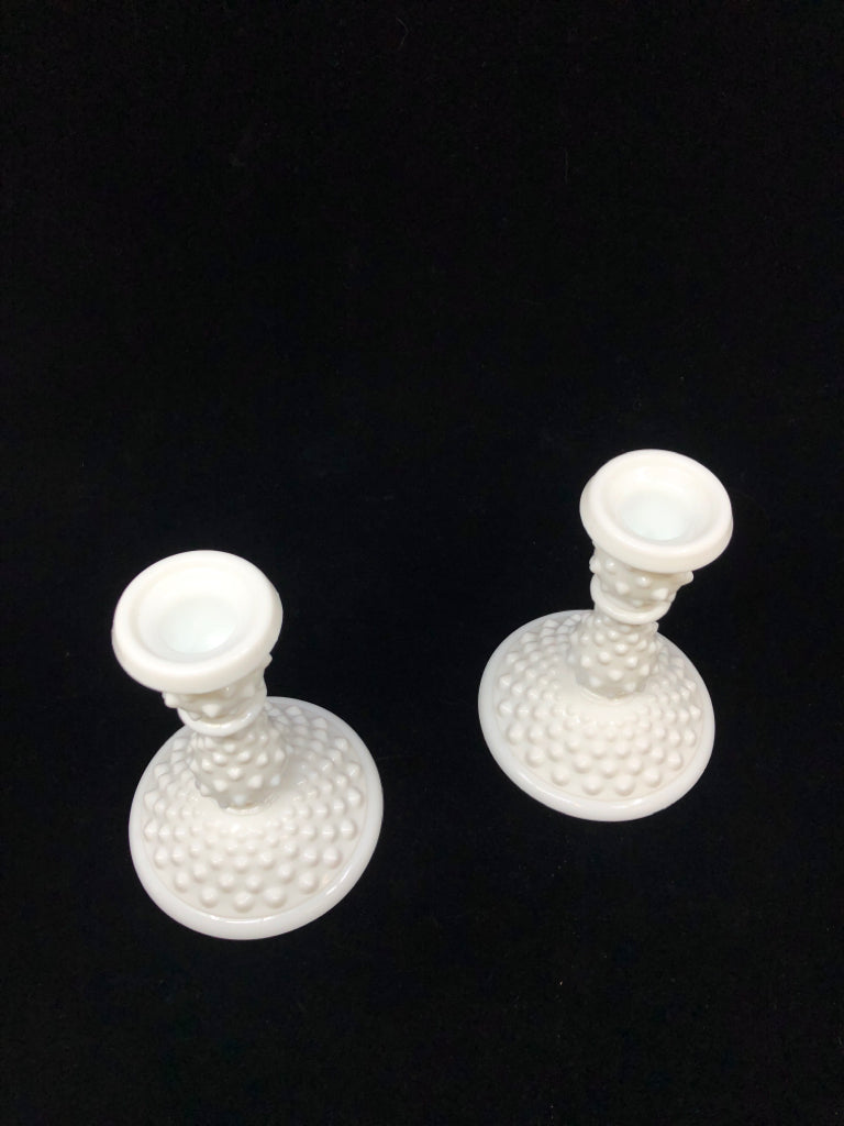 2 VTG HOBNAIL MILK GLASS TAPERED CANDLE HOLDERS.