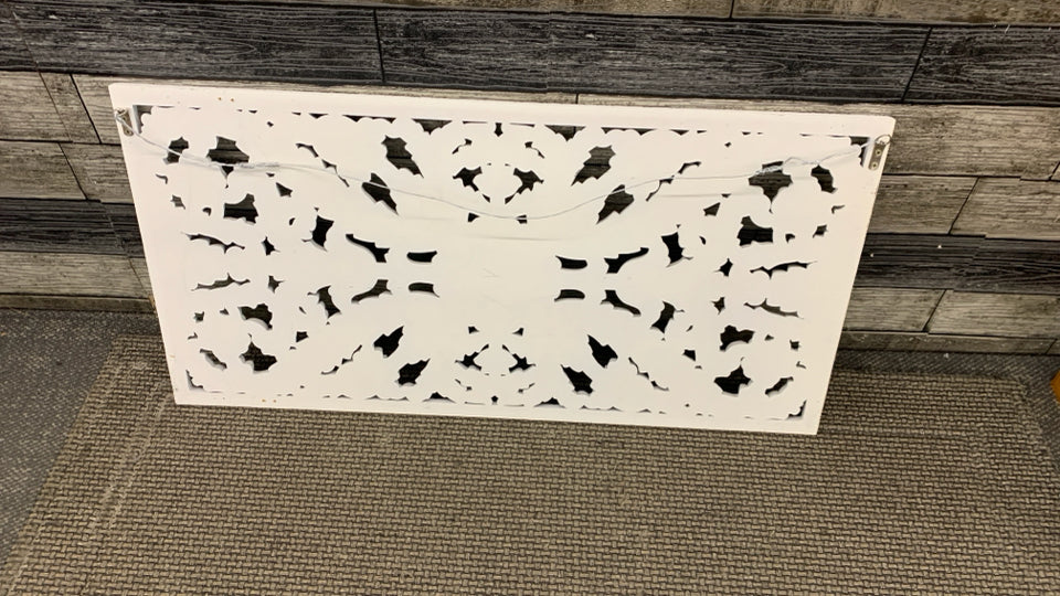DISTRESSED WHITE CARVED WOODEN FLORAL PANEL.