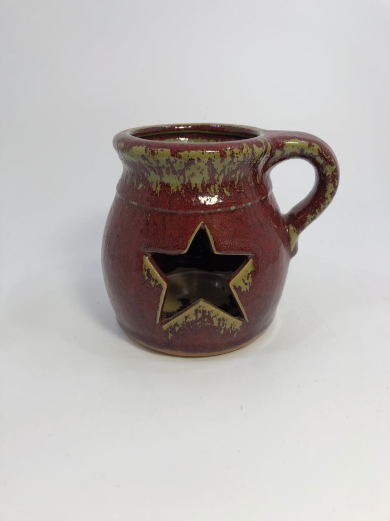 PRIMITIVE RED&GREEN GLAZED TEA LIGHT HOLDER W/STAR CUT OUT.