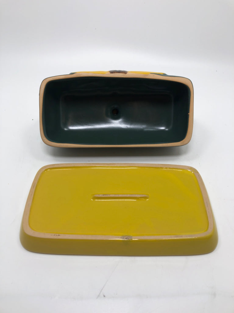 GREEN SUNFLOWER COVERED BUTTER DISH.