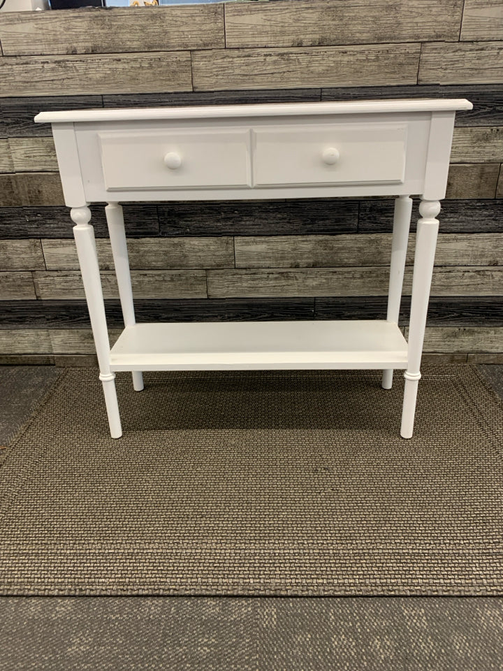 SMALL WHITE SOFA/ CONSOLE TABLE W 2 DRAWERS.