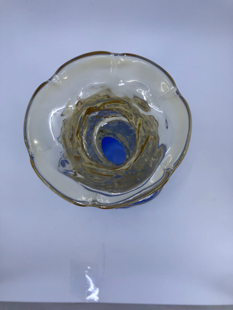 YELLOW BLOWN GLASS ABSTRACT VASE W/BLUE BOTTOM.